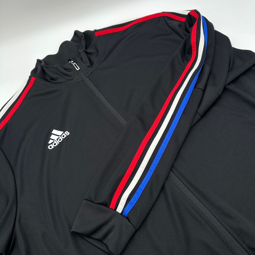 Adidas Track Jacket Mens 3XL Black Excellent Aeroready Tricolor Stripe Full Zip